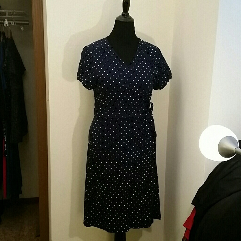 Lands End navy polka dot wrap dress